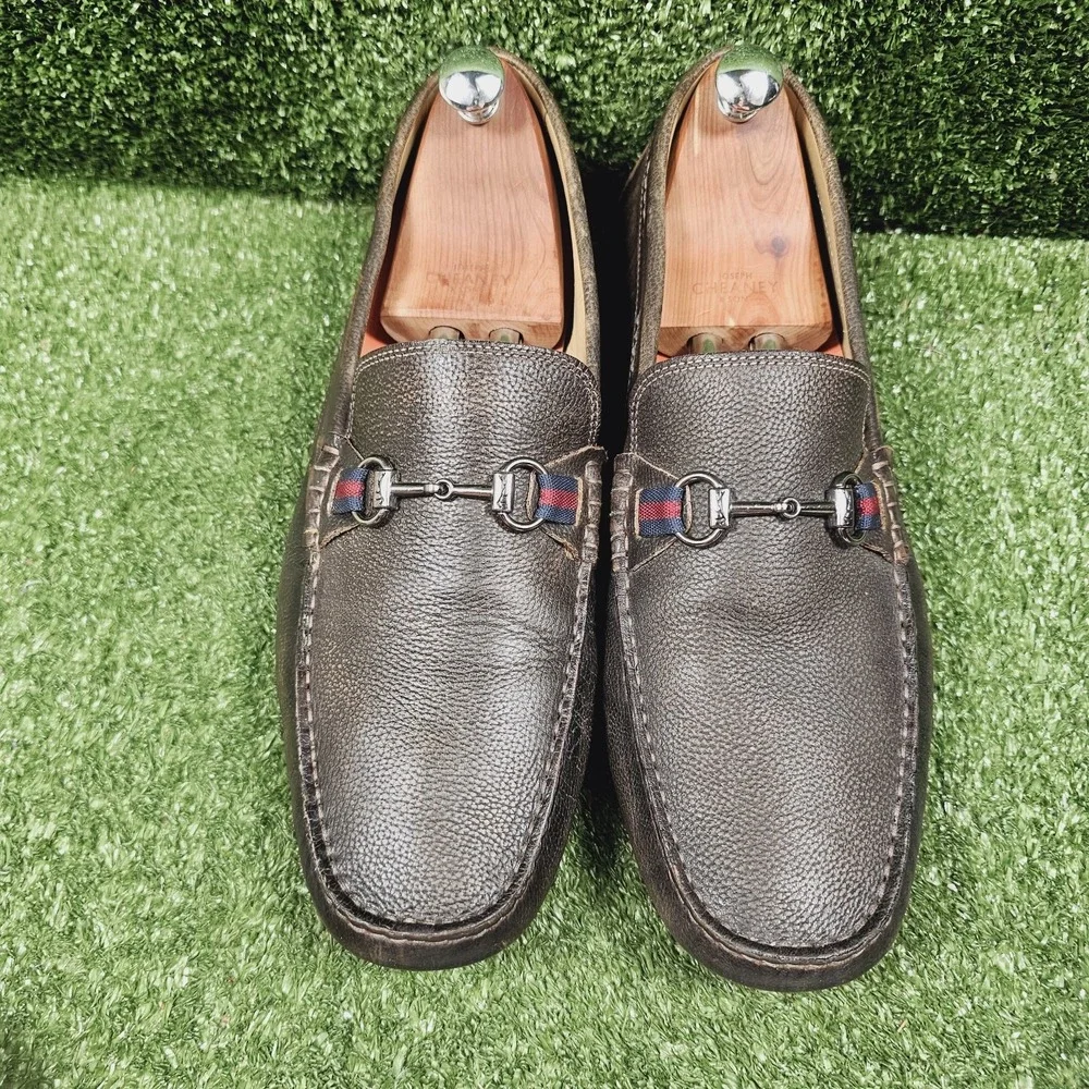 Martin Dingman Bermuda Brown Pebble Grain Leather Horse Bit Loafers Mens Size 15
